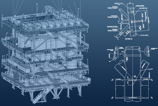 Engineering drawing, offshore platform 3D model and detail drawings